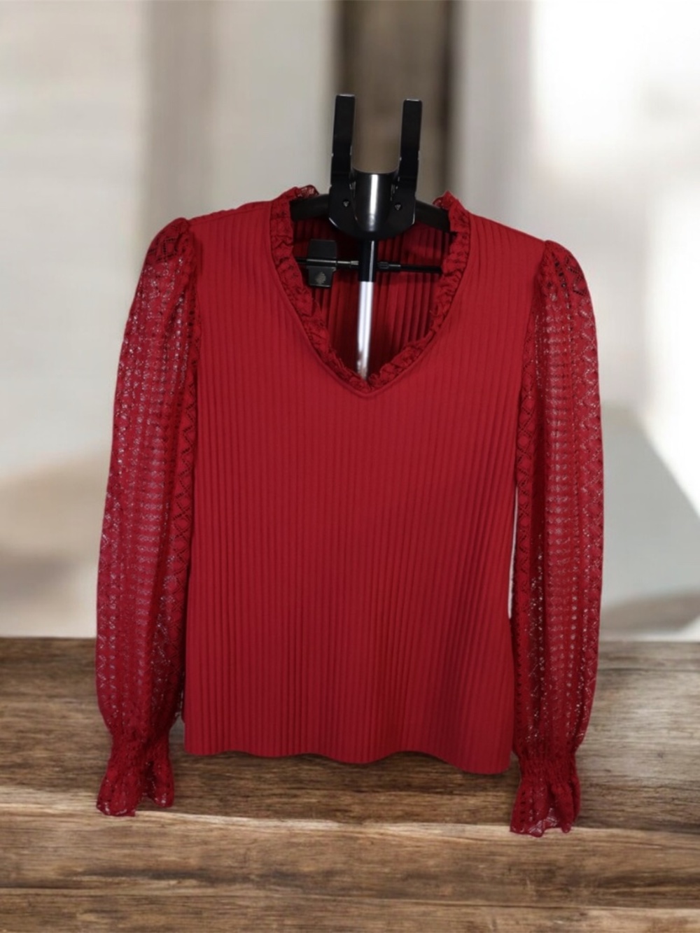 Marc New York Red Pleated Lace Sleeve Blouse S